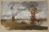 Joseph Mezzara, Untitled, RIVERSCAPE BEFORE A STORM, oil on paper