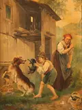 G. Salvi Aka Adolf Kaufmann, Genre Scene of Woman and Child with Cat and Dog, Oil on canvas