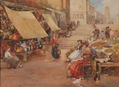 Women in Market Place with Fruit Baskets by James W. Milliken, Watercolor, offered Sep 2005