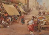 James W. Milliken, Women in Market Place with Fruit Baskets, Watercolor