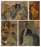 American Illustrators, GENTLEMEN IN DRESS CLOTHES AND COSTUMES: FOUR STUDIES, one figure, a sketch after J, Oil sketches on paperboard attached to single paperboard - Various Sizes