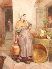 Harry Wooley, Woman with Jug by Window, Watercolor on paper
