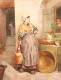Harry Wooley, Woman with Jug by Window, Watercolor on paper