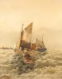English School, Harbor Scene with Men in Rowboat and Sailboats