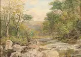 Henry Rollet, Woodland Scene with Fisherman, Oil on canvas