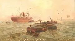Ships in Harbor by Charles J. de Lacy, Oil on canvas, sold Sep 2005