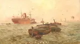 Charles J. de Lacy, Ships in Harbor, Oil on canvas