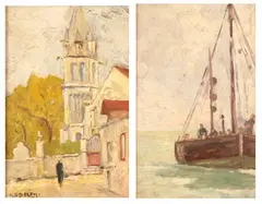 Jacques-Henry Delpy, CHURCH FACADE and SAILBOAT AT SEA: A PAIR, the first is signed lower left, Oil on board