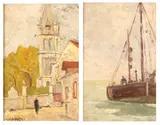 Jacques-Henry Delpy, CHURCH FACADE and SAILBOAT AT SEA: A PAIR, the first is signed lower left, Oil on board