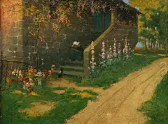 Eugène Cadel, Breton Girl with Cat on Steps, Oil on canvas