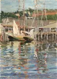 Harbor View with Town by American School, HARBOR VIEW WITH TOWN, oil on canvas laid on board, sold Sep 2005