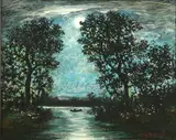 Robert Albert Blakelock, Canoe in Moonlight, Oil on canvas