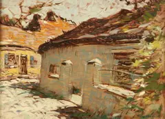 Roy Brown, Houses Along Street, Oil on panel