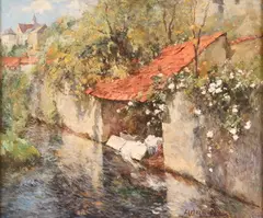 Frederic Ede, Village Stream, Oil on canvas