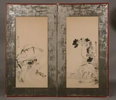 Nanko, Cranes and ducks amongst flowering branches, Nanga school, ink and color on paper, signed and sealed Nanko - each panel: 67 1/2 in. x 37 1/4 in
