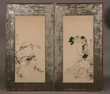 Nanko, Cranes and ducks amongst flowering branches, Nanga school, ink and color on paper, signed and sealed Nanko - each panel: 67 1/2 in. x 37 1/4 in