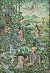 Suardana, Figures in Garden, Ink and color on canvas
