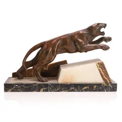 Jacques Limousin, Patinated Art Deco bronze sculpture, 1920s, raised on a slanted onyx and Portoro marble base