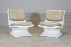 Albert Jacob, Pair of French plastic lounge chairs, 1970s, each moulded frame with seat and back cushions upholstered in tan leather