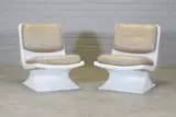 Albert Jacob, Pair of French plastic lounge chairs, 1970s, each moulded frame with seat and back cushions upholstered in tan leather
