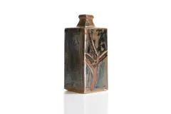 Bottle vase by Shoji Hamada, two sides with brushed decoration of flowers against an iron-glazed ground, sold Apr 2024