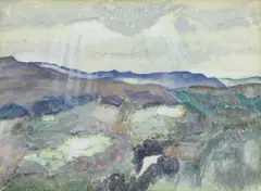 John Copley, Untitled, Sunlight breaking through the clouds over a hilly landscape watercolour over pencil