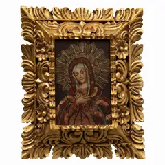 Virgen María, ESCUELA CUZQUEÑA, SIGLO XX, Óleo sobre tela, marco de madera dorada