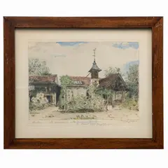 Marcel Jacque, La maison de Th. Rousseau et l'Église de Barbizon, Litografía acuareleada sin número de tiraje
