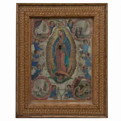Virgen de Guadalupe, PRINCIPIOS DEL SIGLO XX, Litografía coloreada a mano; marco de madera decorada con marquetería