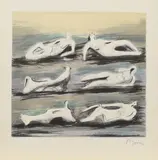 Henry Moore, Six reclining figures with blue backround