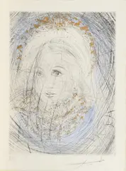 Salvador Dalí, Portrait de Marguerite, Radierung, blau aquarelliert mit Goldauflage auf Japon nacré mit dem Prägestempel "Dali"