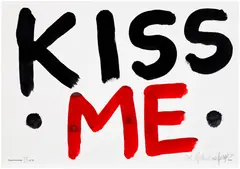 Gilbert&George, KISS ME (RED & BLACK), 2021, Inkwash in black and red Indian ink, on watercolour paper, the full sheet