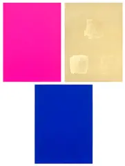 Yves Klein, Monochrome und Feuer (Monochrome and Fire) (Krefeld Triptych), 1961, The complete set of three prints, comprised of one gold leaf and two screenprints in Yves Klein blue and pink, on card, the full sheets, with the original Museum Haus Lange, Krefeld, exhibition catalogue