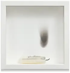 Douglas Gordon, He lives..., 2014, Multiple comprising extinguished wax candle and smoke stain, contained in the original white painted wooden box frame