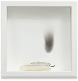 Douglas Gordon, He lives..., 2014, Multiple comprising extinguished wax candle and smoke stain, contained in the original white painted wooden box frame