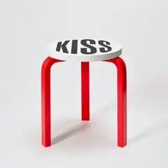 Barbara Kruger, Untitled (Kiss), 2019, Artek Stool 60 in birch, birch plywood and laminate, designed by Alvar Aalto, in black, white and red, contained within the original card box