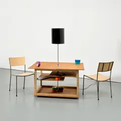 Franz West, Creativity: Furniture Reversal, 1998, The complete set of two chairs, a table and lamp, with the accompanying blueprint, videocassette and various coloured tapes