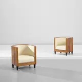 Osvaldo Borsani, Unique pair of armchairs, circa 1928, Walnut-veneered wood, stained wood, fabric