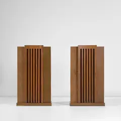 Unique pair of cabinets by Osvaldo Borsani, 1937, Wenge, wenge-veneered wood, bur oak-veneered wood, painted wood, brass, sold Apr 2025