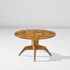 Low table, from Casa Lucano, Milan by Gio Ponti, circa 1951, Burr walnut-veneered wood, painted wood, glass, brass, offered Apr 2025