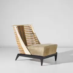 Guglielmo Ulrich, Slipper chair, late 1930s, Stained East Indian rosewood, maple, parchment-covered wood, palm wood, suede