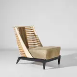 Guglielmo Ulrich, Slipper chair, late 1930s, Stained East Indian rosewood, maple, parchment-covered wood, palm wood, suede