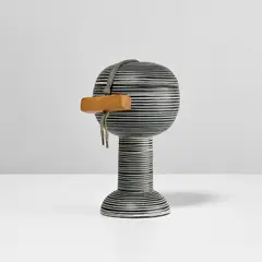 Ettore Sottsass, Early and rare lidded jar, 1959, Earthenware, matte glaze with sgraffito , maple, fabric cord