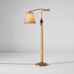 Guglielmo Ulrich, Adjustable floor lamp, late 1930s, Parchment-covered wood, copper-plated brass, brass, palm wood, Macassar ebony, paper, leather, cotton thread, raffia