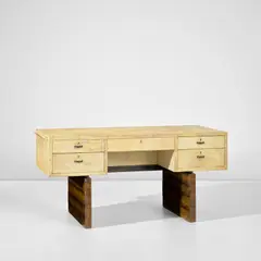 Guglielmo Ulrich, Desk, late 1930s, Parchment-covered wood, palm wood-veneered wood, palm wood, ebonised wood, ebonised veneered wood, horn