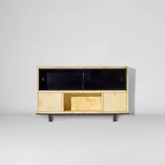 Guglielmo Ulrich, Wall-mounted bookcase with integrated drop-front cabinets, late 1930s, Parchment-covered wood, ebonised wood, ebonised veneered wood, maple-veneered wood, palm wood-veneered wood, palm wood, glass