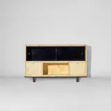 Guglielmo Ulrich, Wall-mounted bookcase with integrated drop-front cabinets, late 1930s, Parchment-covered wood, ebonised wood, ebonised veneered wood, maple-veneered wood, palm wood-veneered wood, palm wood, glass