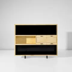 Guglielmo Ulrich, Bookcase with integrated drop-front cabinet, late 1930s, Parchment-covered wood, ebonised wood, ebonised veneered wood, palm wood-veneered wood, palm wood, maple-veneered wood, horn