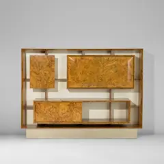 Gio Ponti, Illuminated cabinet, from Casa Ceccato, Milan, circa 1950, Burr walnut-veneered wood, painted wood, glass, aluminium, brass, leather