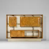 Gio Ponti, Illuminated cabinet, from Casa Ceccato, Milan, circa 1950, Burr walnut-veneered wood, painted wood, glass, aluminium, brass, leather